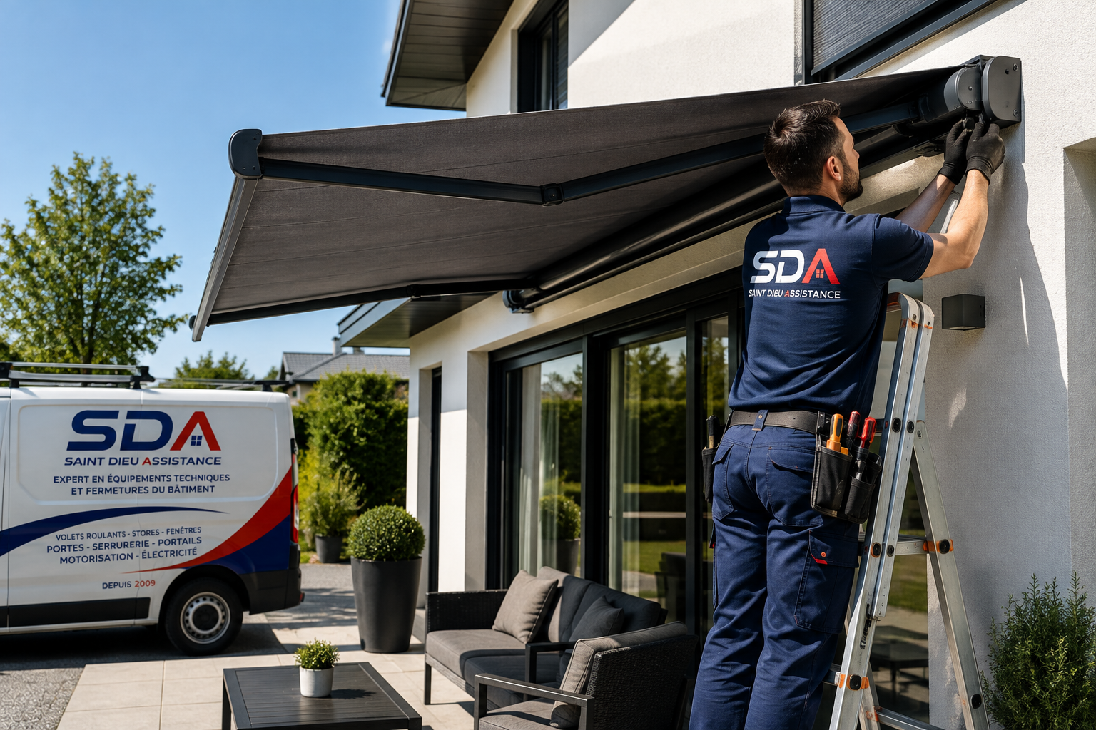 Technicien SDA intervenant sur un store banne