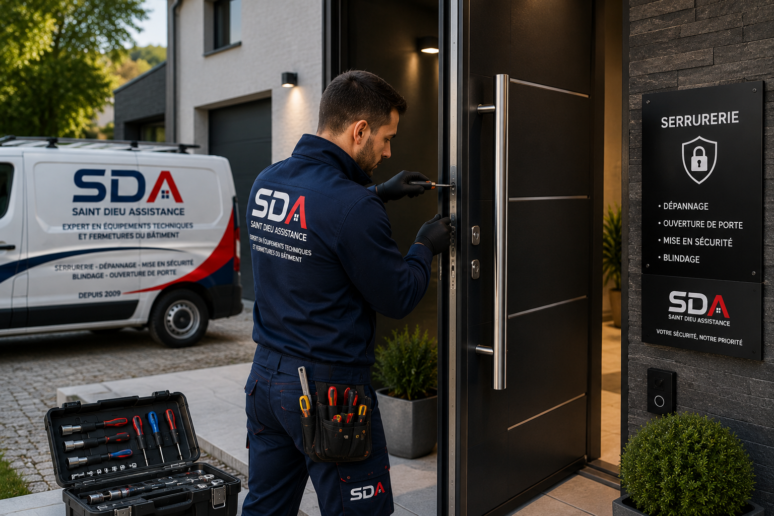 Technicien SDA réalisant une intervention sur un rideau métallique