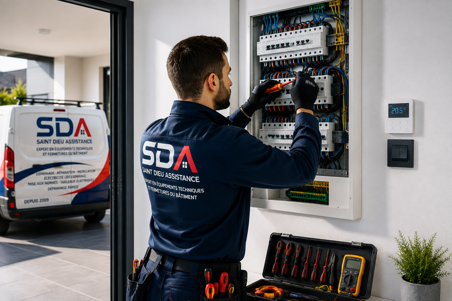 Technicien SDA intervenant sur un tableau électrique