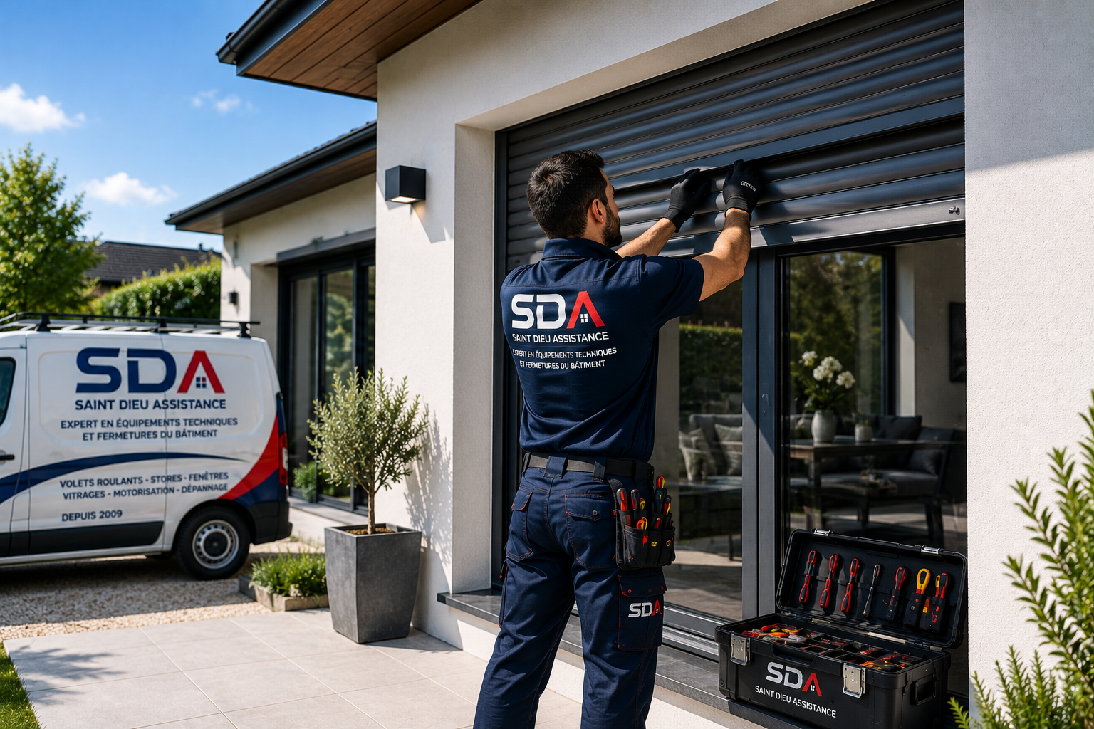 Technicien SDA réparant un volet roulant